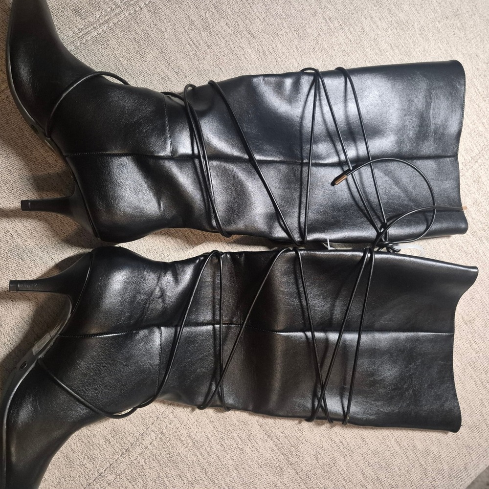 Womens Black Faux Leather Knee High Lace Up Kitten Heel Pointed Toe Boots